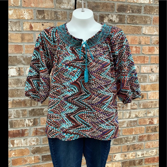 Boho Print Ethnic Styled 3/4 Sleeve Peasant Blouse - Picture 1 of 5